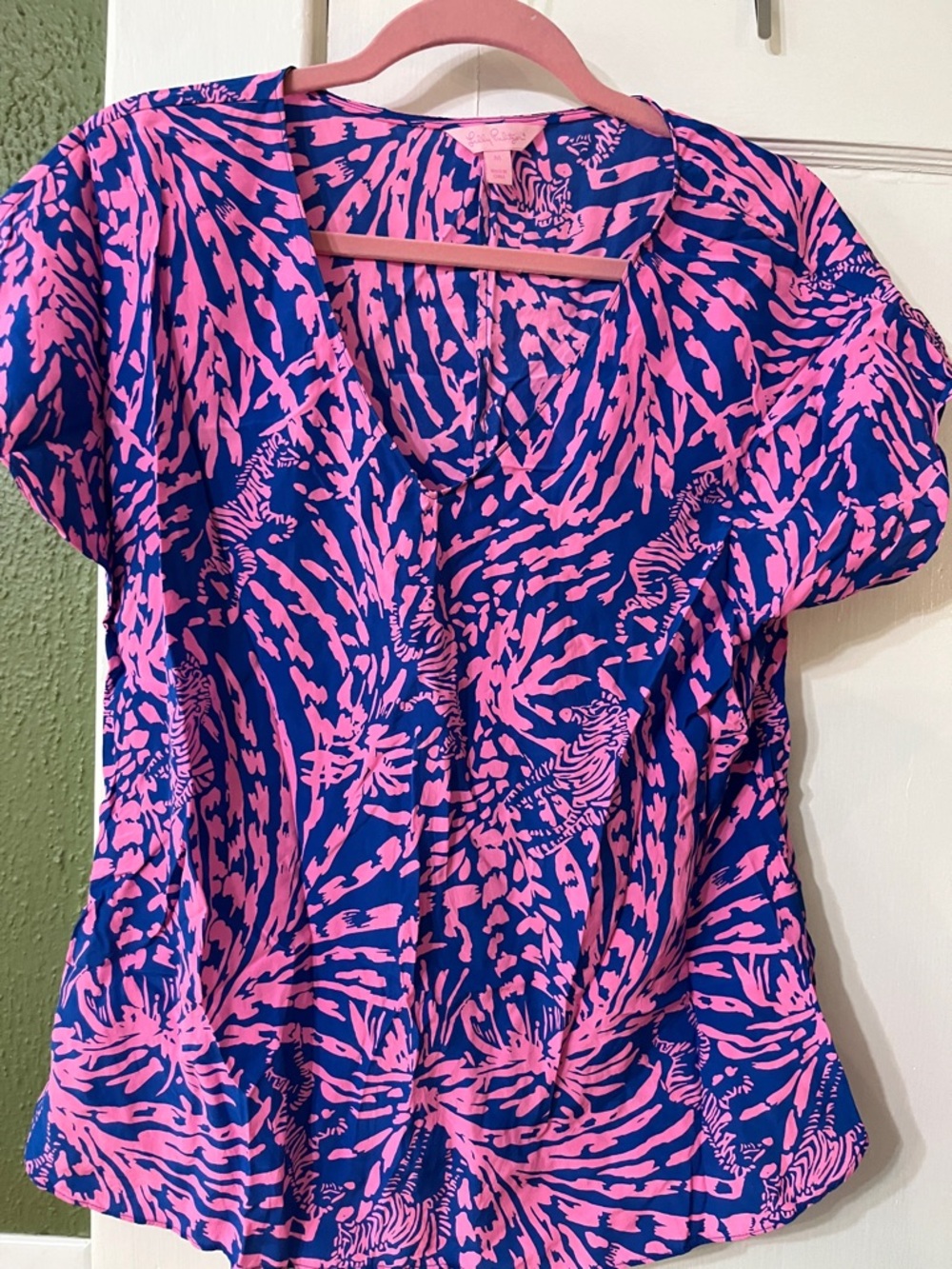 Lilly Pulitzer Pink & Blue Printed V-Neck Blouse